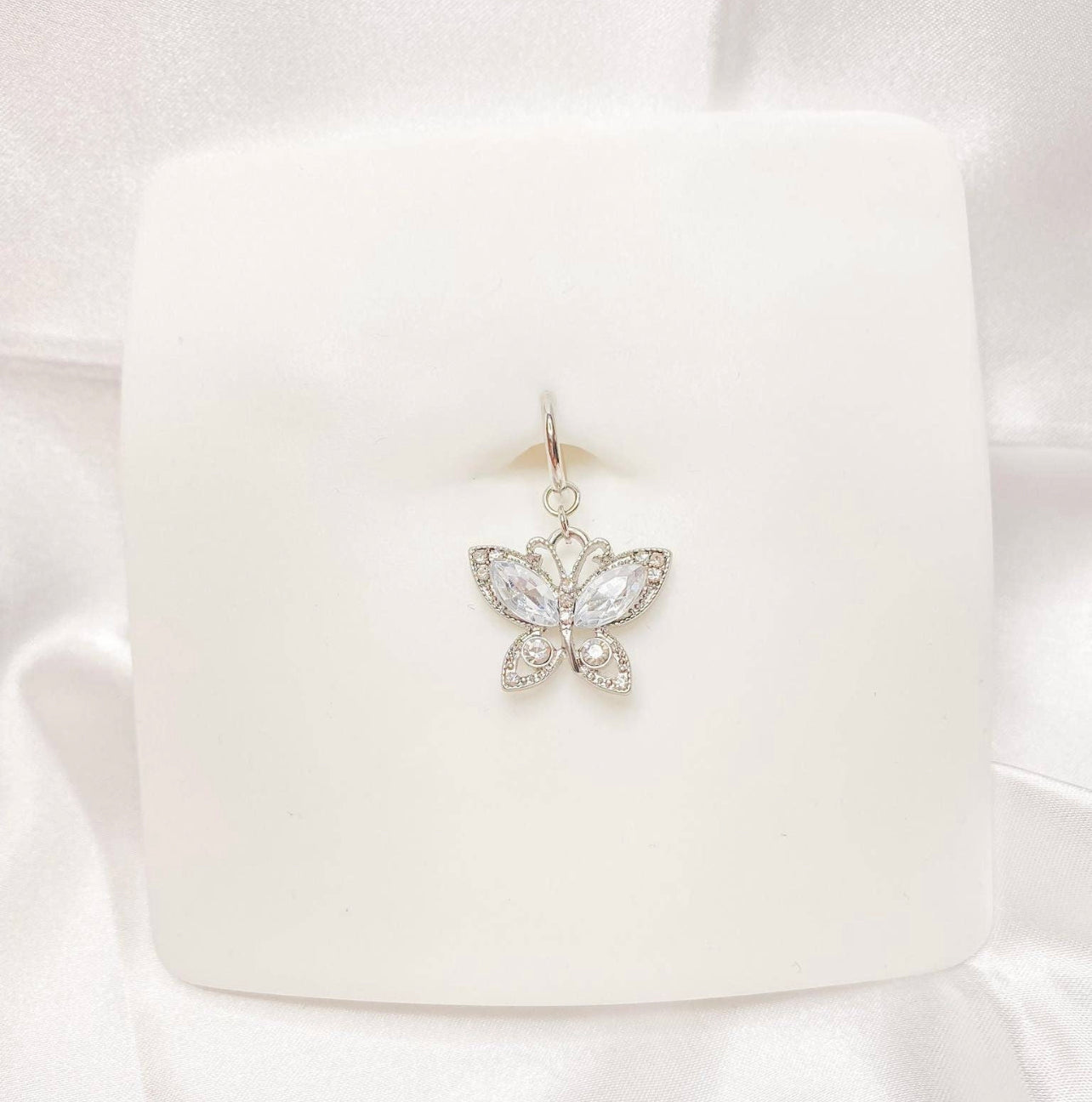 Silver Crystal Butterfly Clip On Belly Ring