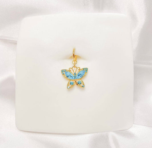 Gold Blue Butterfly Clip On Belly Ring
